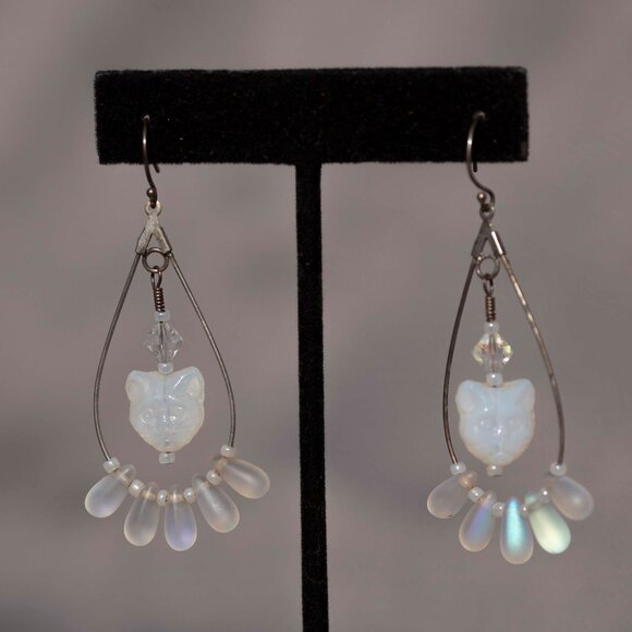 Vintage Translucent Cat Earrings | Womens Metal Wire Jewelry Animal Motif Charms - Picture 2 of 2